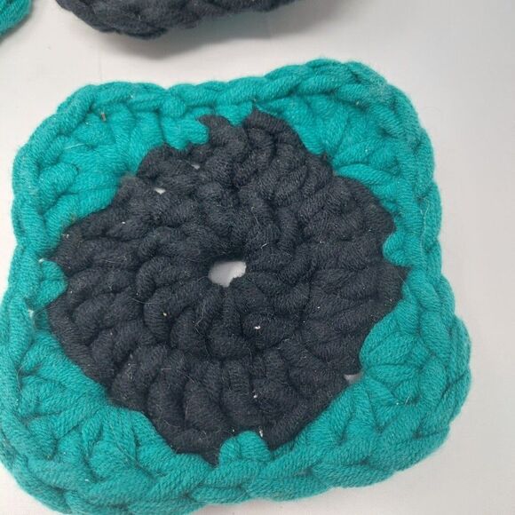 Handmade Crochet Coasters Teal Blue And Black Set Of 4 Square Coasters - Picture 3 of 6